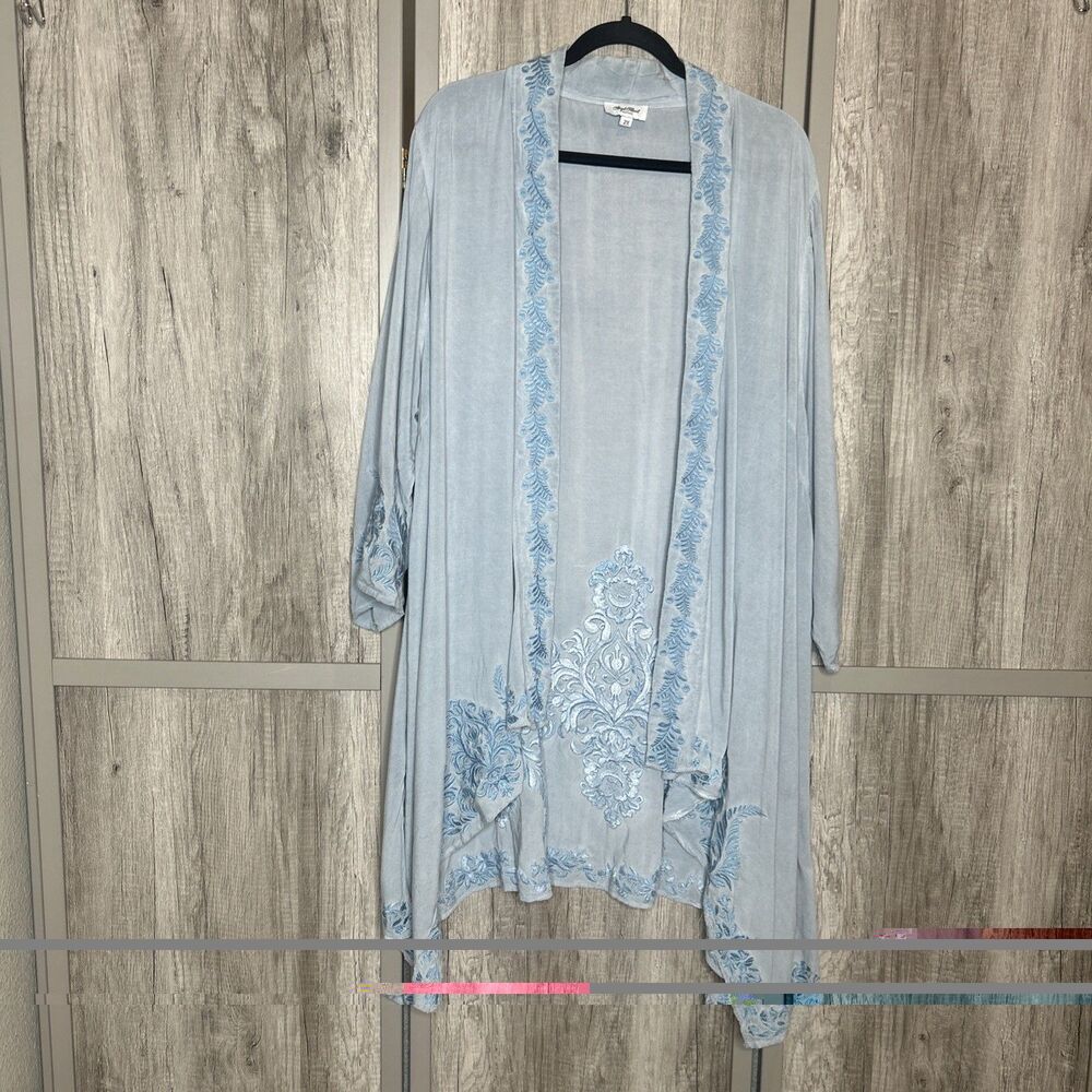 Angel Heart Kimono Duster Embroidered Boho Open Front Dusty Blue